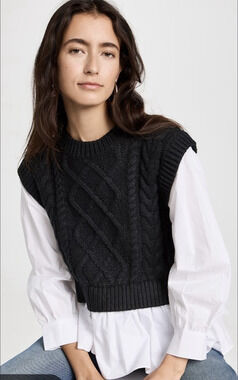 ENGLISH FACTORY Anthropologie Mixed Media Cable Knit Twofer Pullover Sweater XS
